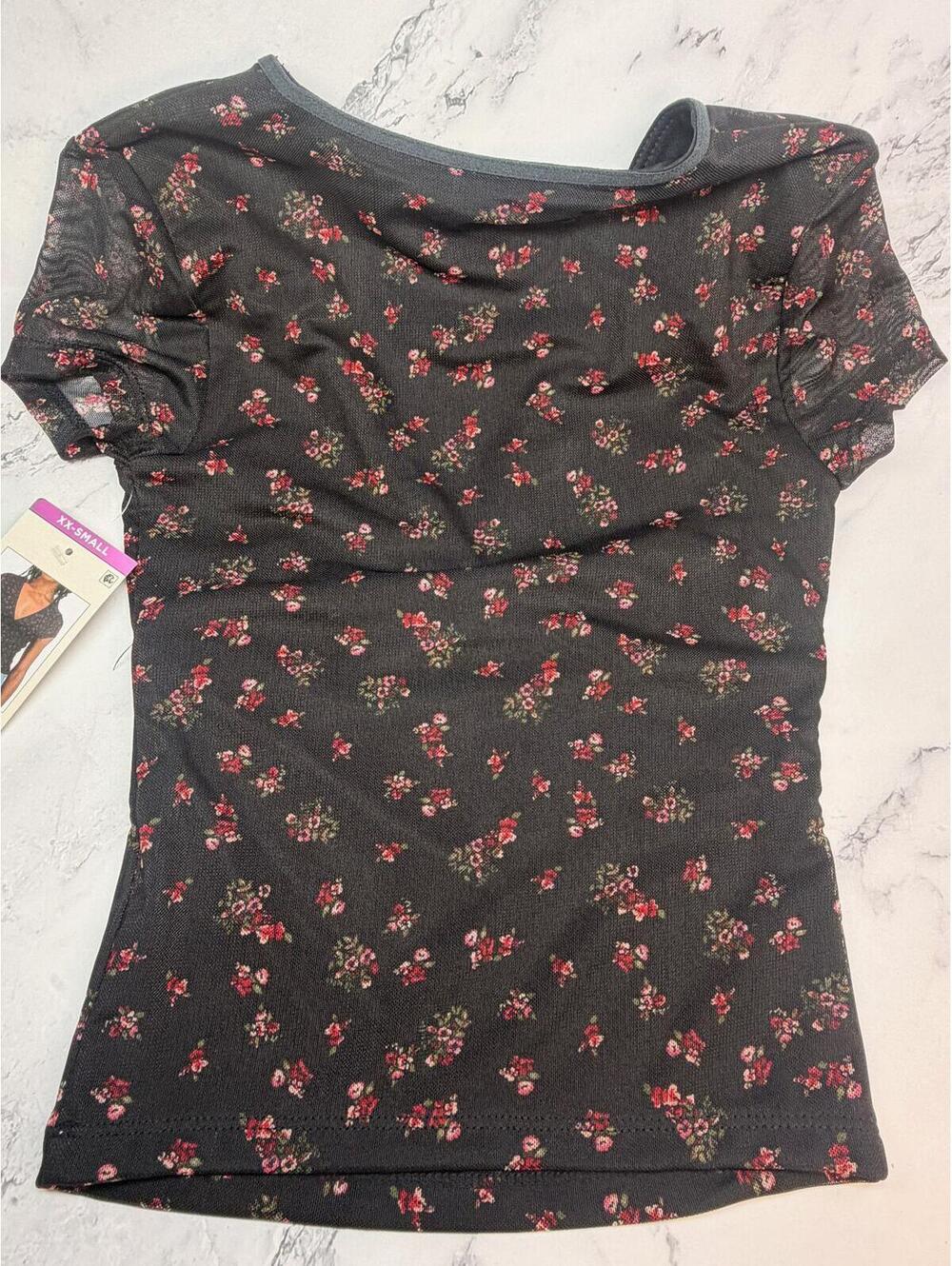 Aeropostale Mesh Crop Top‎ XXS Floral Sheer V Neck Tie Front Baby Tee NWT - Picture 4 of 4